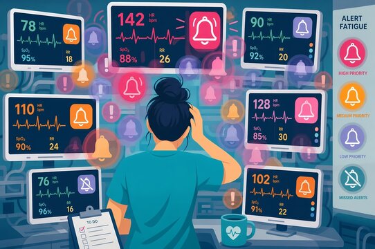 Hospital Alarm Fatigue Medical Monitor Overload and Nurse Stress Illustration