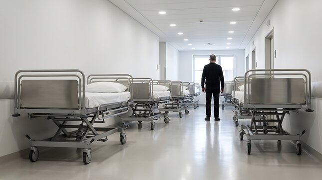 Man standing in a long, empty hospital corridor with rows of beds, symbolizing healthcare challenges and solitude.
