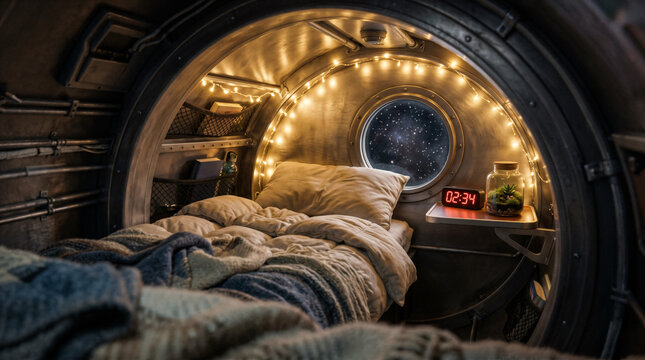 Spacecraft bedroom interior showing a bed with blankets and decorative string lights by a circular porthole looking out at stars. AI