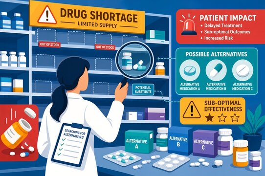 Pharmacy Drug Shortage Medical Scarcity and Patient Care Impact Illustration