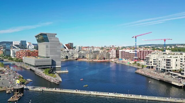 Aerial view of the modern Munch Museum building situated on the waterfront in Oslo, Oslo, Norway.
