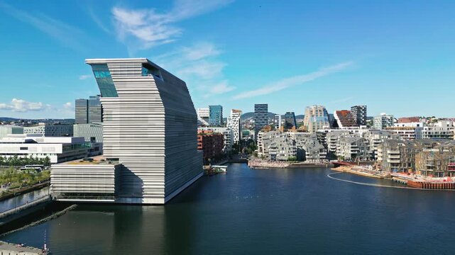Aerial view of the Munch Museum and the modern waterfront skyline in Oslo, Oslo, Norway.