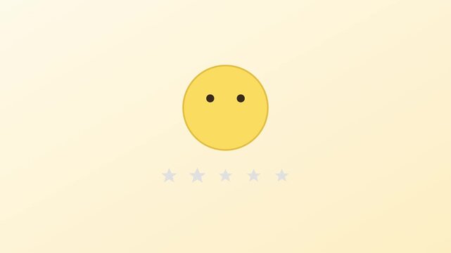 Yellow smiley face rating animation with five stars filling up for customer feedback and satisfaction survey 4k