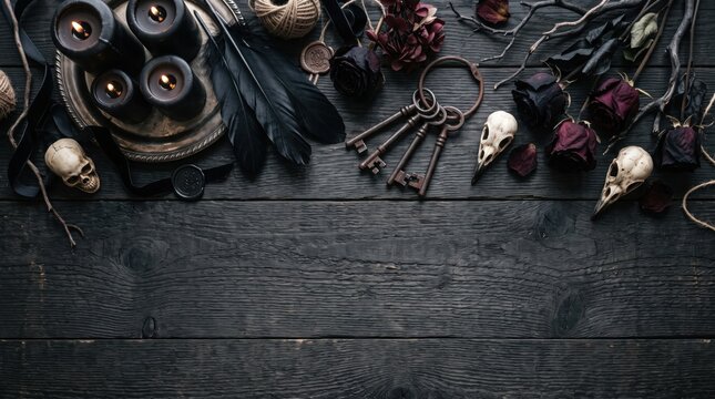 Mysterious halloween background with antique keys skulls and candles on dark wood