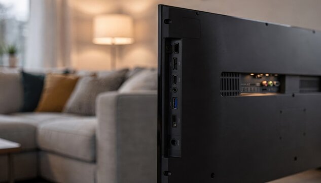 Medium shot focusing on a smart TVs audio output interface while the family room couch and decor remain out of focus creating depth.