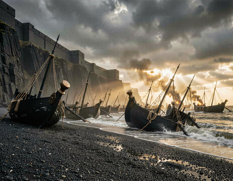 Ancient Wooden Warships Beached on Black Pebble Shoreline Near Fortress