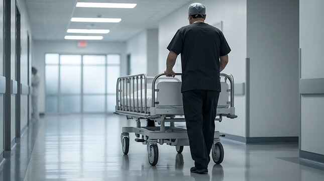 Medical Professional Pushing Empty Hospital Bed Down Long Corridor.