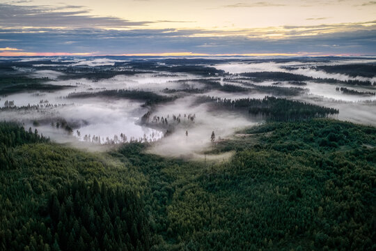 Aerial view of the misty forest landscape surrounding a lake at sunrise in Kangasniemi, South Savo, Finland.