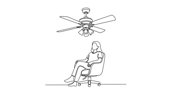 ceiling fan vector woman relaxing line art continuous drawing of person sitting on chair under electric cooling appliance for home room climate control graphic design illustration