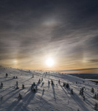 Aerial view of Yllas mountain in winter with snow-covered slopes, scattered pine trees, long shadows, and a bright sun with sun dogs in the sky in Kolari, Lapland, Finland.