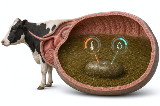 Rumen bolus monitoring inside cow digestive anatomy