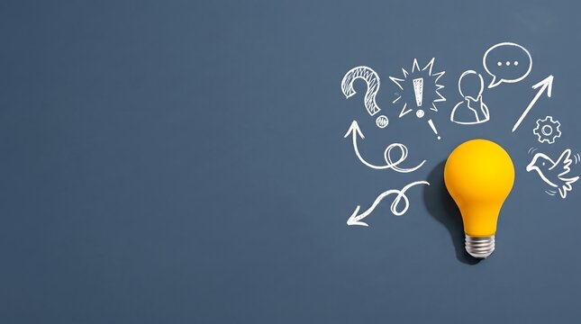 ​Glowing yellow lightbulb surrounded by creative chalk doodles on a dark background, representing brainstorming, new ideas, innovation, and clever solutions.