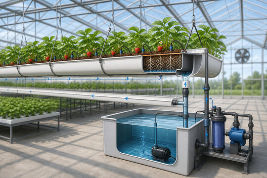 Recirculating gutter hydroponic system in greenhouse cutaway