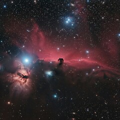 Fototapeta premium The Horsehead Nebula in Orion, a celestial masterpiece of cosmic dust and gas, illuminates the vastness of space with its stunning red and pink hues, studded with distant stars.