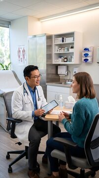 A professional male doctor in a white coat and stethoscope sits face-to-face with a female patient in a bright, modern medical consultation room. They are seated on office chairs across a small desk. 