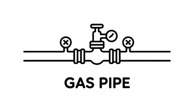 Black outline icon of a gas pipe with valves and pressure gauge