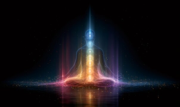Human silhouette meditating in lotus position, showing a vibrant seven chakra energy system flow and spiritual cosmic connection