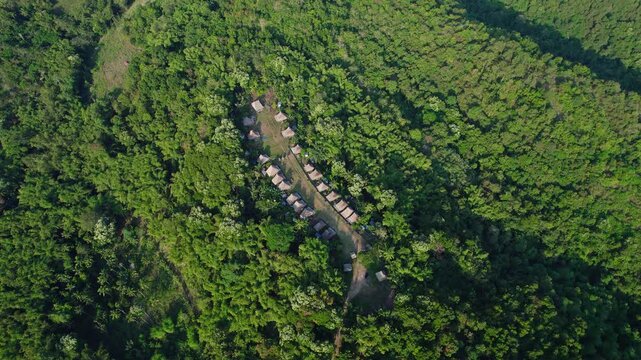Aerial view of Kampung Adat Belaraghi traditional village surrounded by dense tropical forest and lush green hills in Kecamatan Aimere, Nusa Tenggara Timur, Indonesia.