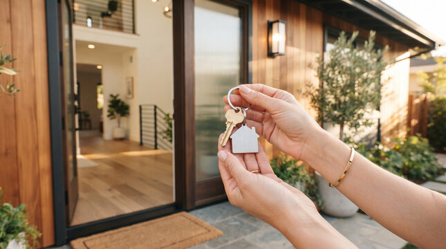 hand holding house keys real estate market buy sell rent a home hand holding a house keychain in front