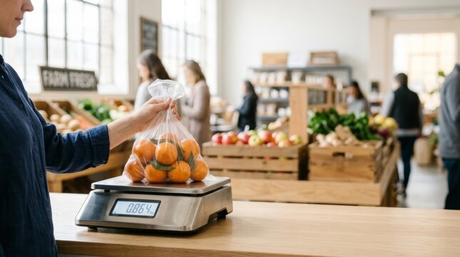 Weighing fresh tangerines on a digital scale in a bright, modern grocery store produce section, emphasizing healthy eating and organic produce.