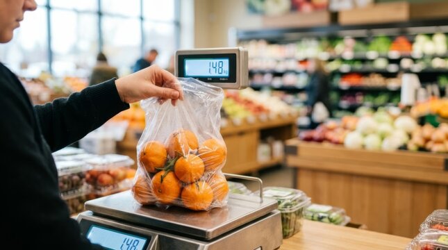 Person weighing bag of tangerines on digital scale in grocery store produce section, shallow depth of field