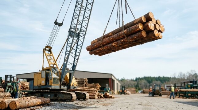 Heavy duty crane lifts large logs at a lumber mill industrial site with diffuse daylight and industrial textures