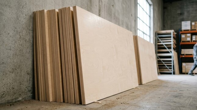 Stack of vertical plywood sheets in a warehouse setting, clean lines and neutral tones, offering copy space for design