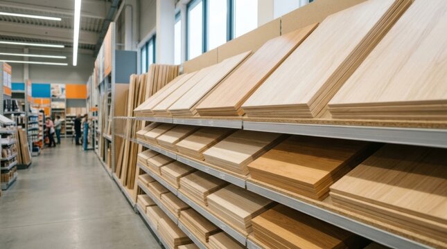 Wooden panels neatly stacked on retail shelves, showcasing wood grain and texture for home improvement projects