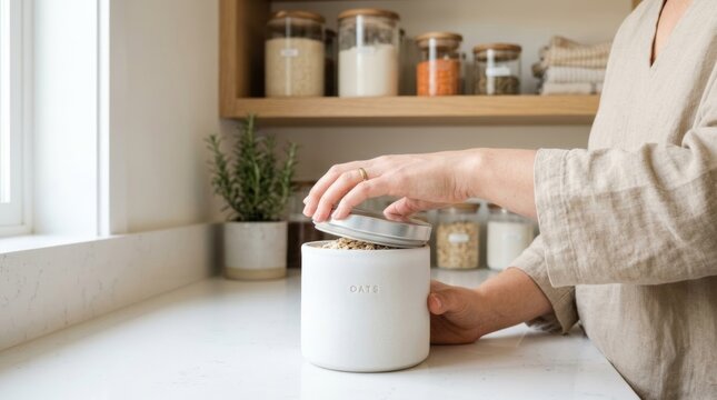 Hand sealing white ceramic oats container in sunlit pantry with organized jars, modern kitchen lifestyle