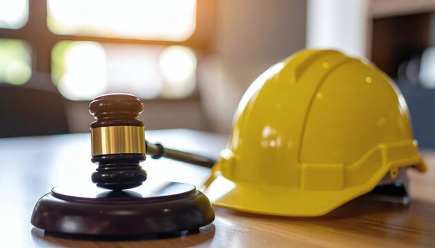 Judge gavel and yellow hard hat resting on a wooden table representing construction law legal disputes and industry safety regulations