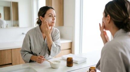 Fototapeta premium Woman applying facial cream in modern bathroom, skincare routine with mirror reflection and copy space