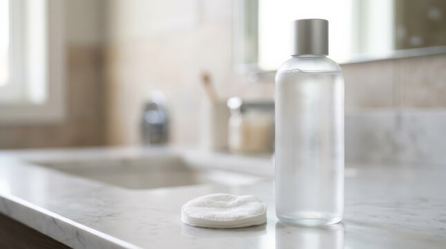 Frosted glass micellar water bottle and cotton pad on marble counter, modern bathroom aesthetic, clean personal care