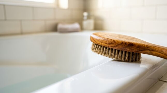 Wooden body brush on bathtub edge, promoting skincare and personal hygiene with copy space for wellness content.