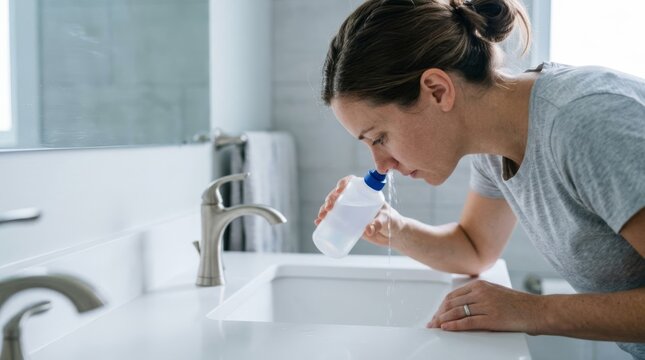 Woman performing nasal rinse with saline solution in a modern bathroom sink, promoting nasal hygiene and self-care
