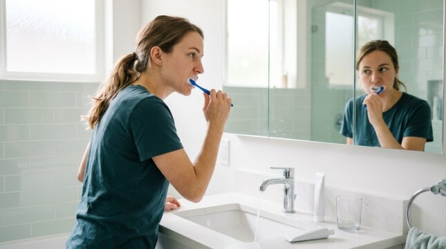 Woman brushing teeth at bright modern bathroom sink, low-angle documentary style, side copy space for design