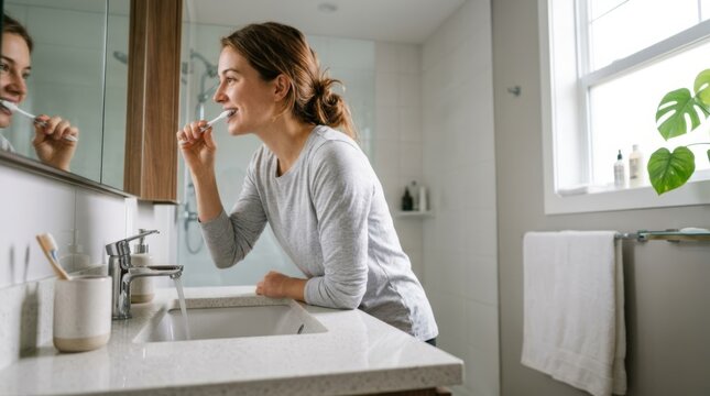 Woman brushing teeth in bright modern bathroom, low angle view, natural light, candid routine