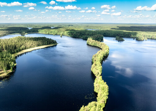 Aerial view of Liesjarvi National Park featuring a narrow forested esker dividing the deep blue lake waters, surrounded by dense pine forests, Tammela, Finland.