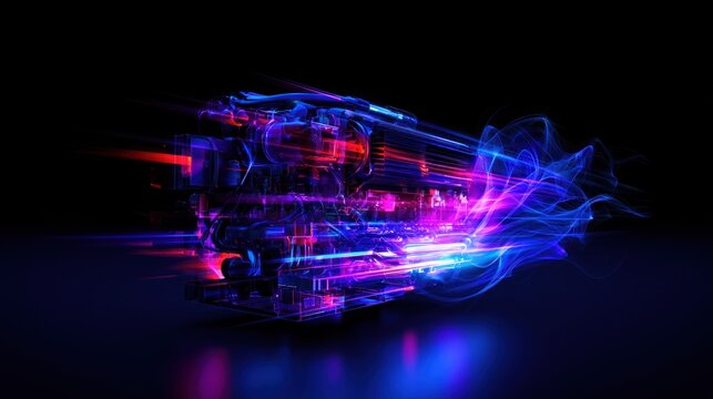 A futuristic, neon-lit machine with glowing, flowing blue and purple light trails, emitting from its body, against a black background.