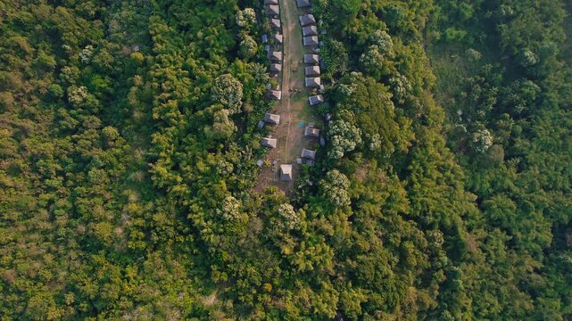 Aerial view of the traditional Kampung Adat Belaraghi village nestled within a dense forest canopy in Kecamatan Aimere, Nusa Tenggara Timur, Indonesia.