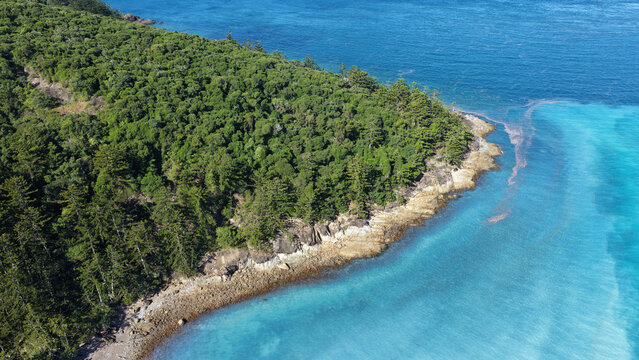 Aerial view of Chance Bay featuring lush green coastal forest meeting turquoise waters and rocky shoreline in Whitsundays, Queensland, Australia.