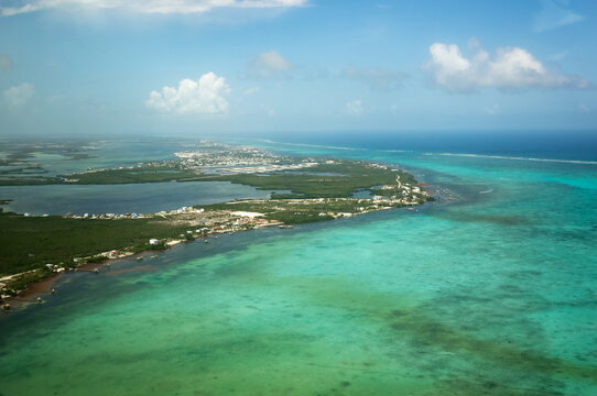 Aerial views of the water around Ambergris Caye in Belize, Central America.