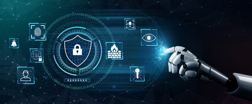 Futuristic Cybersecurity Concept with Robot Hand Interacting with Digital Security Icons and Data Protection Symbols in a High-Tech Environment Quark.