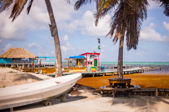 Coastal beach scenes in San Pedro on Ambergris Caye in Belize, Central America.