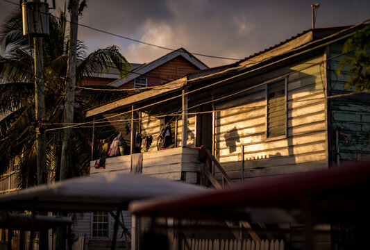 Sunset on houses in San Pedro on Ambergris Caye in Belize, Central America.