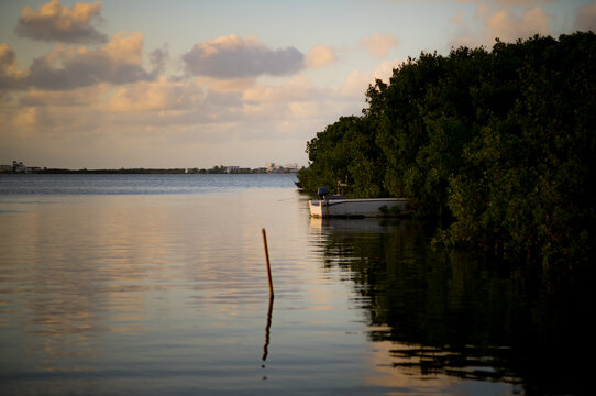 Sunset over the water on Ambergris Caye in Belize, Central America.
