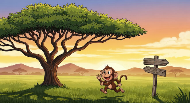 Happy cartoon monkey runs across grassy savanna with large acacia tree and sunset in background indicating adventure and wild african safari journey.