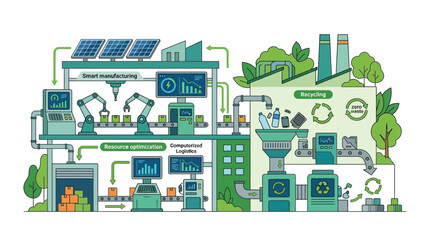 Fototapeta premium Sustainable smart manufacturing facility with recycling and solar energy