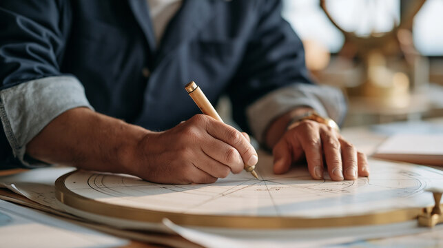 Close up of a marine navigator's hands on a minimalist studio chart table tracing commercial space race trajectory overlays onto a nautical plotting instrument, December solstice