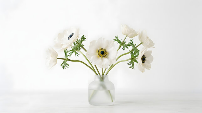 Elegant bouquet of white anemone flowers displayed in a clear glass vase