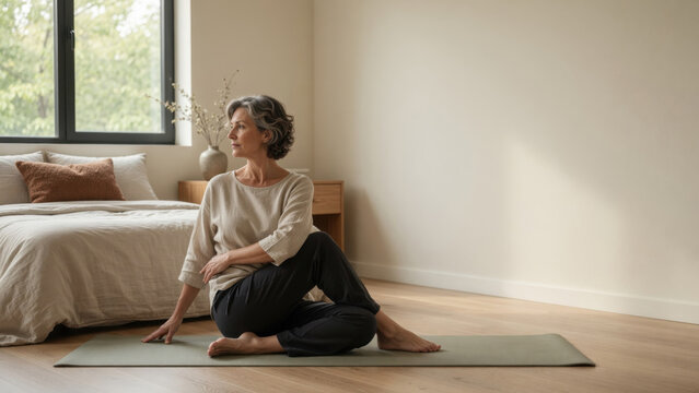 Yoga stretching flexibility senior woman indoor wellness relaxation mindfulness morning Gentle yoga stretching flexibility senior woman indoor wellness relaxation yoga practice woman home concept